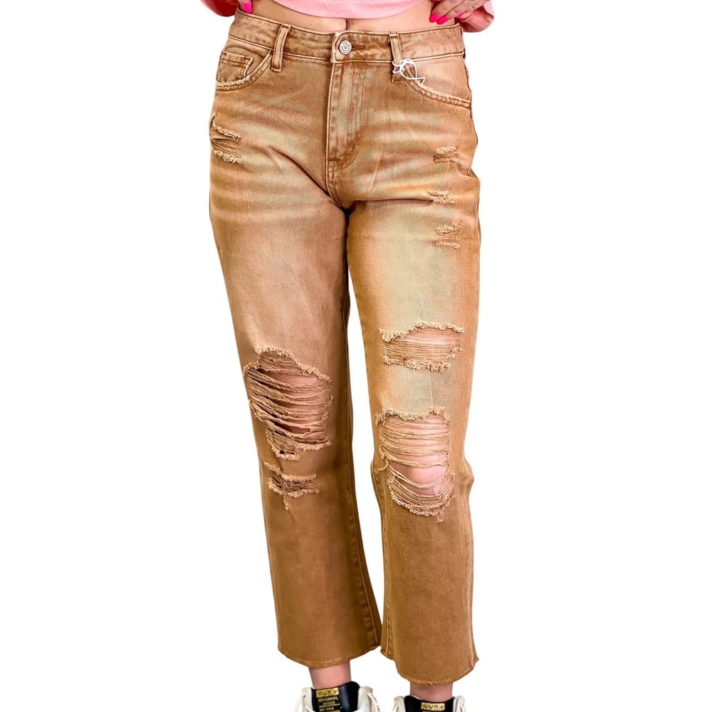 VERVET size 30/10 Zoe Straight Crop High Rise Distressed‎ Jeans Caramel Wash EUC